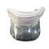 A white fabric face mask or visor-style protective cloth displayed on a clear plastic stand against a plain white background.
