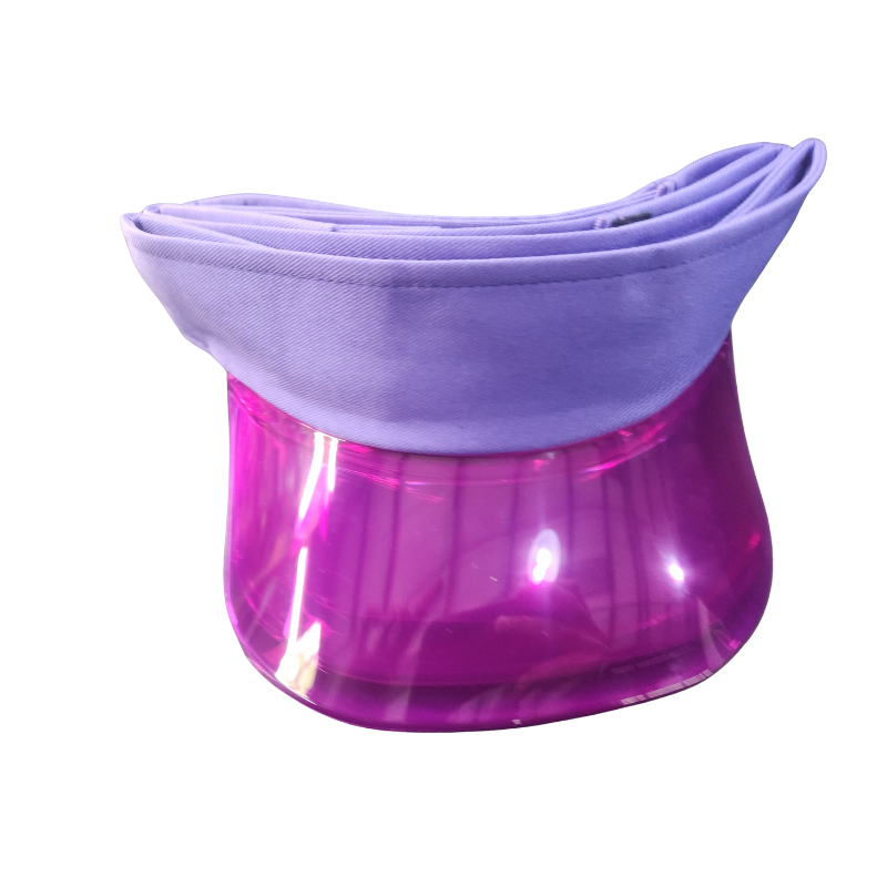 A translucent purple plastic visor hat with a light purple fabric sun shield on top, shown on a plain white background.