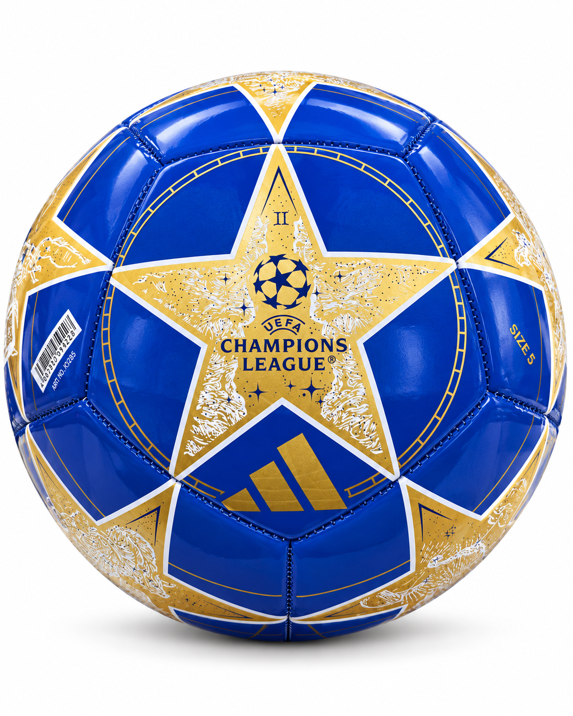 A blue and gold Adidas Champions League II soccer ball on a white background.