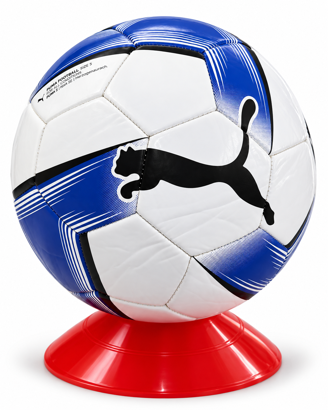 A Puma soccer ball with blue, white, and black panels, displayed on a red plastic stand against a white background.