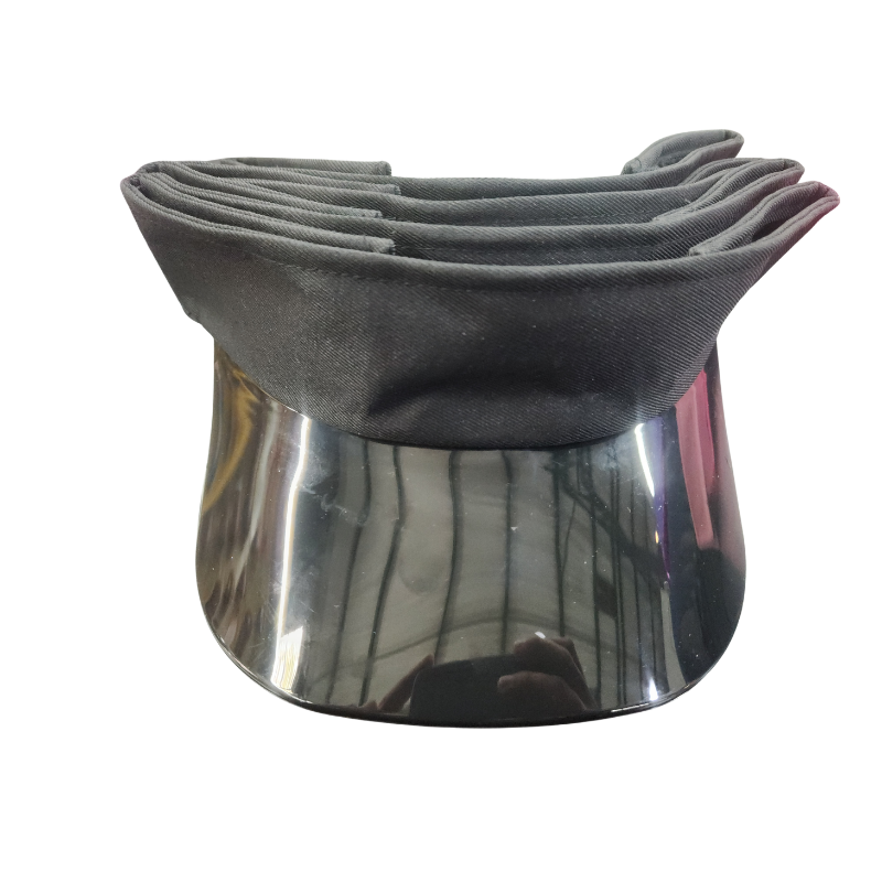 A black fabric visor hat with a highly reflective, curved metallic silver base, shown on a plain white background.